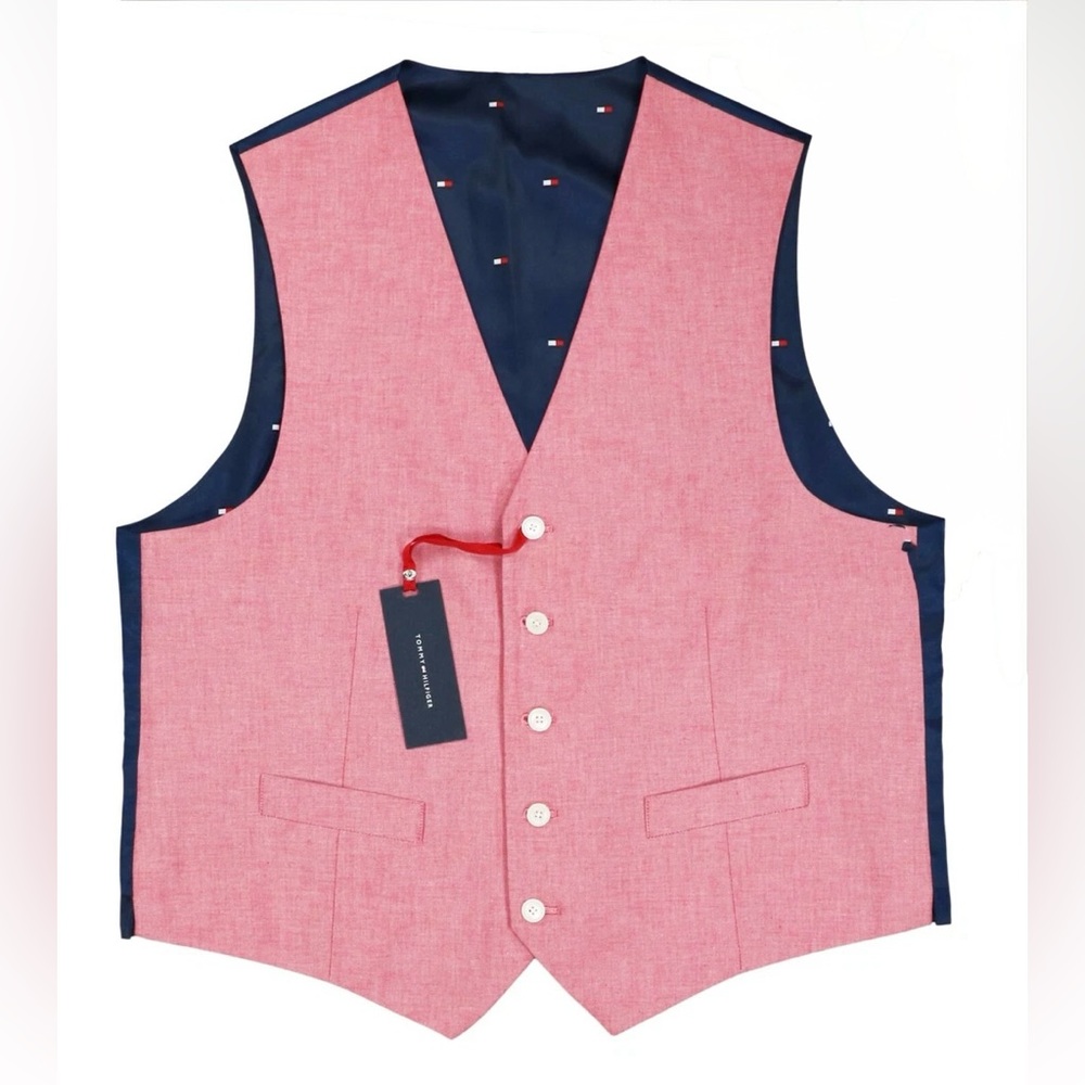 Tommy Hilfiger Men’s Bradley Modern-Fit Cotton Chambray Red Suit Vest Medium NWT